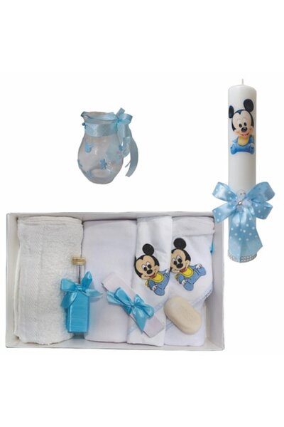OEM Set Botez din Trusou brodat si lumanare cu poza lui Mickey, canta de 0.5 ...