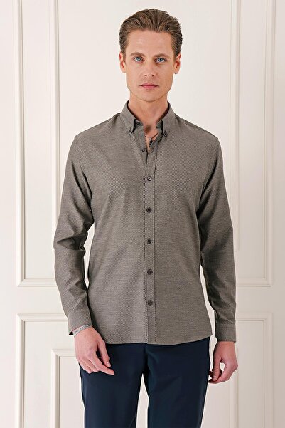 Efor Slim Fit Düğmeli Yaka Dokulu %100 Pamuk Klasik Kahverengi Gömlek Gk 724