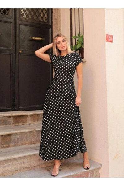 Kokosh moda Women's Short Sleeve Crew Neck Polka Dot Maxi Knitted Crepe Dress