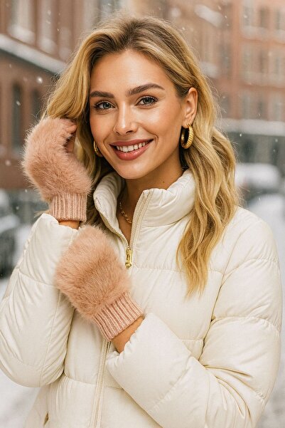 FELLMENS Furry Pink Wool Cutout Women's Gloves