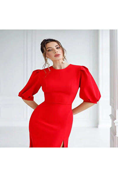 NOVALİA Lilly Elegant Dress, with puff sleeves and slit on the leg