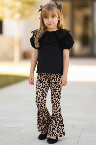 Parla Kids Girl's Bright Lace Detailed Short Sleeve Black Blouse Spanish Leggings Pants Buckle Bottom Top Set