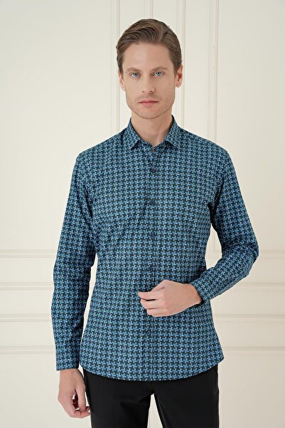 Efor Slim Fit Kazayağı Desenli %100 Pamuk Casual Mavi Gömlek G 1585