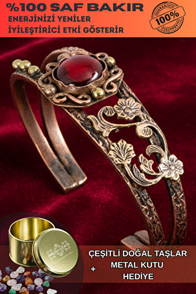 OSMANLI GÜMÜŞ Kadın Bakır Bileklik - Kırmızı Akik Taşlı Kabuk Desenli Kadın Bilezik Metal Kutu ve Kuvars Taşı