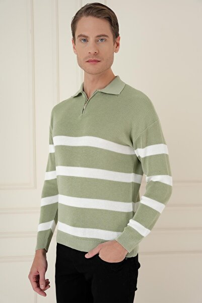 Efor Slim Fit Çizgili Fermuarlı Polo Yaka Yeşil Triko Kazak TR 877