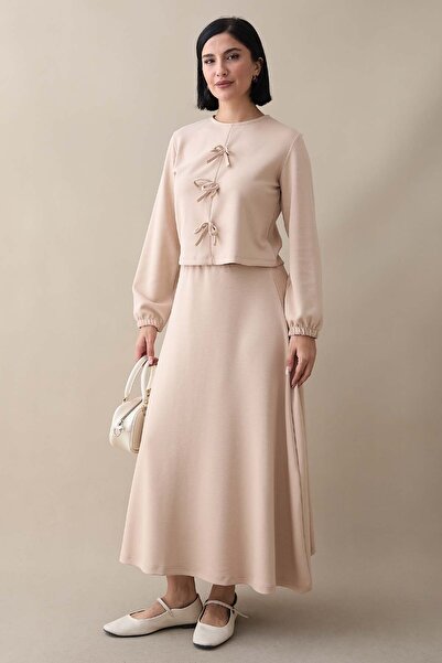 InStyle Σετ ανοιχτό μπεζ με φούστα με λεπτομέρεια με κορδέλα