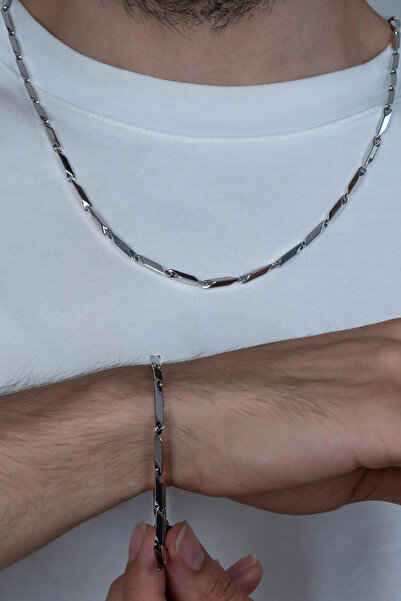 Igen Aksesuar Küp Üçgen Model Erkek Çelik Zincir Kolye Bileklik Set