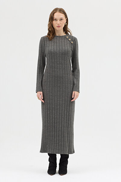 Rays Anthracite Shoulder Button Detailed Knitwear Long Dress 8154A