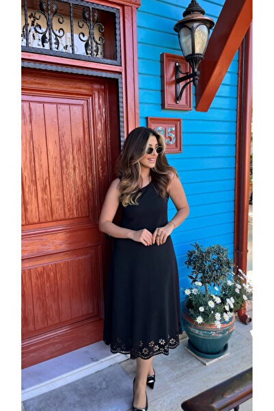 Genel Markalar Kadın Kolsuz Etek Ucu Lazer Kesim çiçek Desenli Midi Boy Janjan Krep Elbise