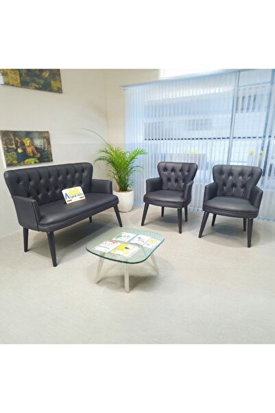 Aryans Home Mobilya Dekorasyon Siyah Deri Ahşap Ayaklı Ofis Koltuğu Ve Kanepe...
