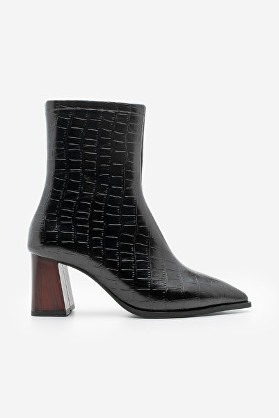 Marjin Kadın Kalın Topuklu Sivri Burun Bot Simva Siyah Croco