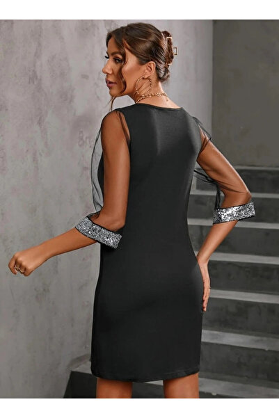 Genel Markalar Kadın Uzun Kollu V Yaka Ve Kol Ucu Pul Payet Krep Elbise