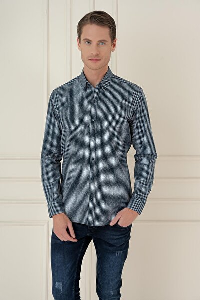 Efor Slim Fit Baskılı %100 Pamuk Spor Lacivert Gömlek G 1587