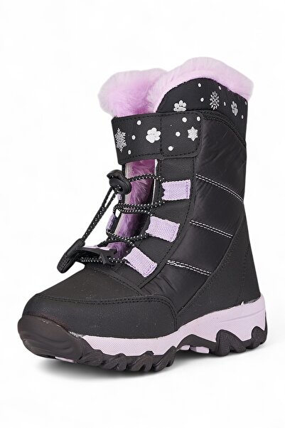 Nstil Κοριτσίστικες μαύρες μπότες χιονιού - Velcro, κορδόνι και γούνινο σχέδιο, μποτάκι με χοντρή οδοντωτή σόλα 014