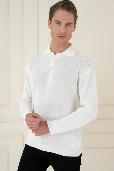 Efor Fitilli Dokuma Düğmeli Polo Yaka Ekru Triko Kazak TR 887