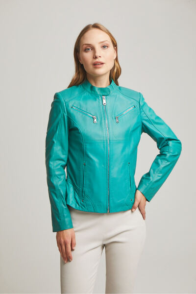 Deriderim Turquoise Latina Short Zippered Women's Genuine Leather Coat