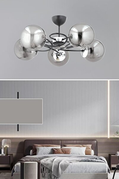 ESSLİGHT Narin 5 Li Plafonyer Avize Füme Glob Camlı Modern Dekoratif Aydınlatma