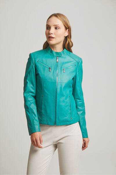 Deriderim Turquoise Latina Short Zippered Women's Genuine Leather Coat