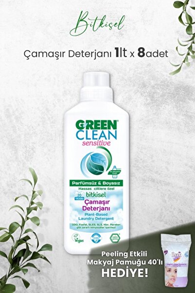Green Clean Sensıtıve Kokusuz Çamaşır Deterjanı 1 L x 8 Adet ve Lux Peeling Etkili Makyaj Pamuğu 40' lı