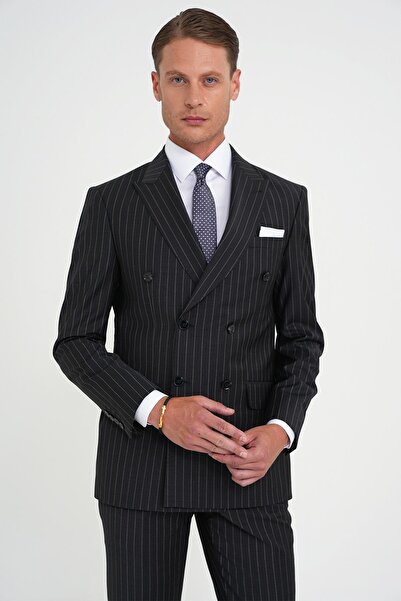 Efor Slim Fit Çift Yırtmaç Çizgili Kruvaze Klasik Antrasit Takım Elbise Tk 925