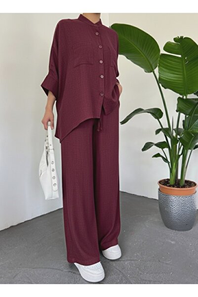 Modamorfo Double Pocket Half Bat Sleeve Loose Shirt Set - Burgundy