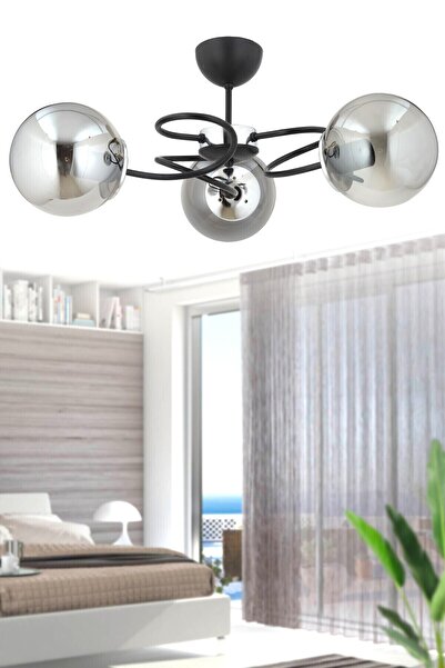 ESSLİGHT Narin 3 Lü Plafonyer Avize Füme glob Camlı Modern dekoratif aydınlatma