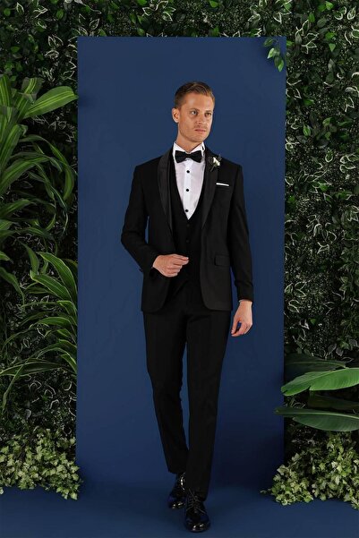 Efor Black 069 Slim Fit Yelekli Çıkarılabilir Saten Yaka Çift Yırtmaçlı Siyah Damatlık Smokin Takım