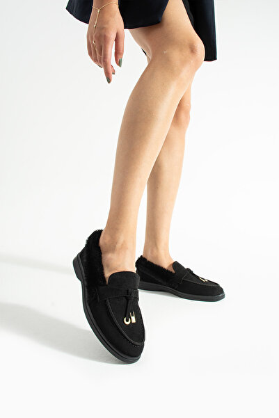 diclepolat Γυναικεία μαύρα παπούτσια Loafer με βελούδινο χνουδωτό σουέτ που αναπνέει άνεσα