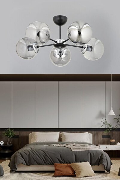 ESSLİGHT Güneş 5 Li Plafonyer Avize Füme Glob Camlı Salon Yatak Odası Mutfak