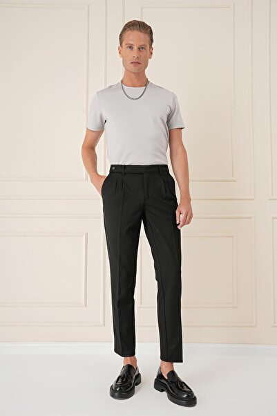 Efor Comfort Fit Çift Pileli Dokulu Esnek Pamuk Siyah Pantolon P 1158