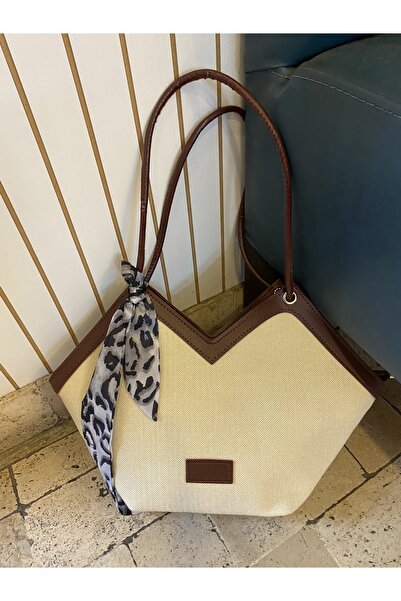 ÇANTA Bordo Detaylı Bej Kanvas Omuz Çantası