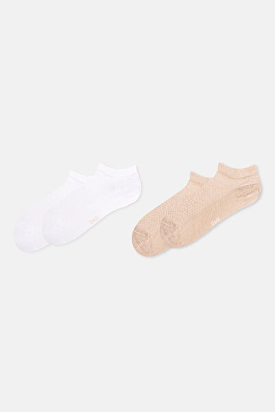 Eros Beige-White Women's 2-Piece Bamboo Booties Socks