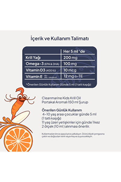 Cleanmarine Çocuklar İçin Omega 3 Krill Yağı – Portakal Aromalı Sıvı Takviye 150 ml