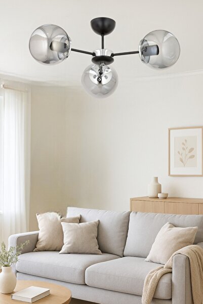 ESSLİGHT Güneş 3 Lü Plafonyer Avize Füme Glob Camlı Salon Yatak Odası Mutfak