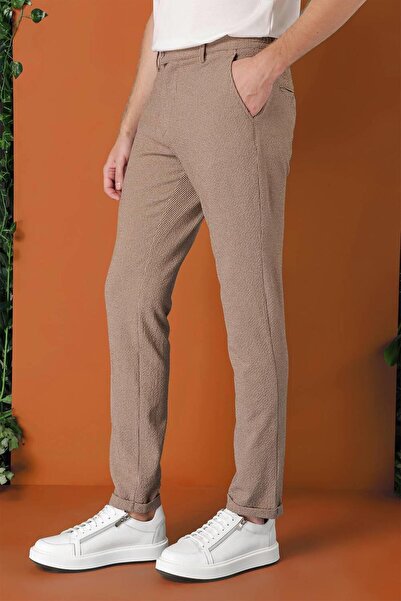 Efor Comfort Fit Beli Lastikli Pötikareli Casual Bej Pantolon P 1149