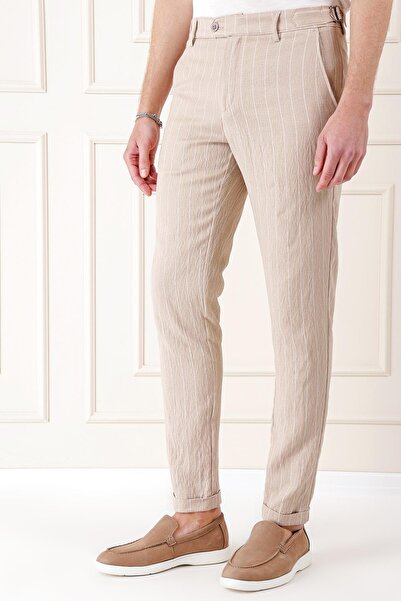 Efor Comfort Fit Yandan Tokalı Çizgili Keten Casual Bej Pantolon P 1151