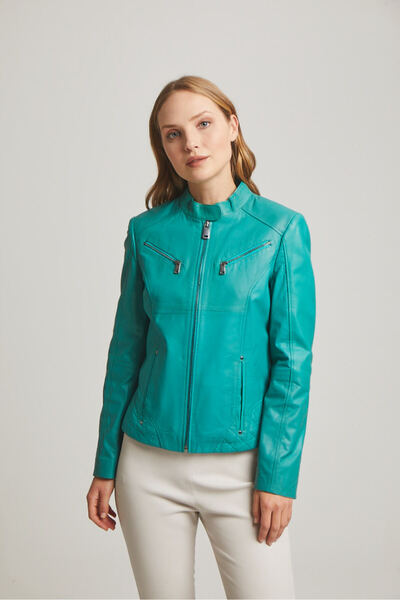 Deriderim Turquoise Latina Short Zippered Women's Genuine Leather Coat