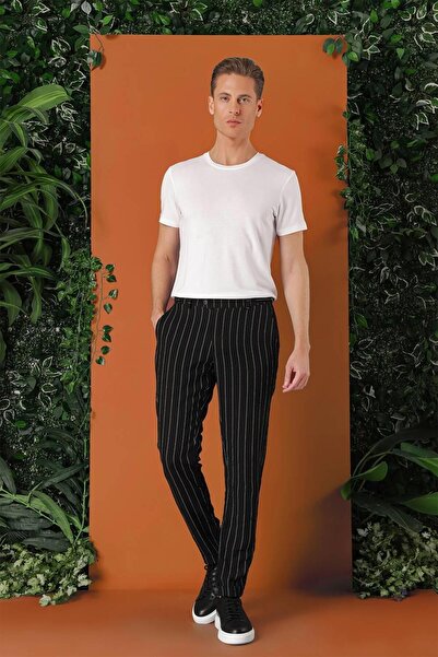 Efor Comfort Fit Yandan Tokalı Çizgili Keten Casual Siyah Pantolon P 1151
