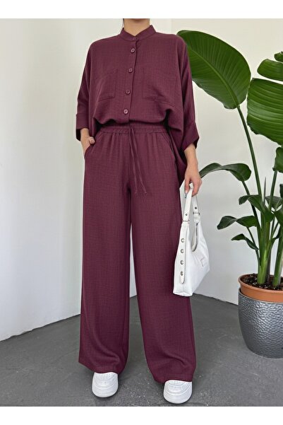 Modamorfo Double Pocket Half Bat Sleeve Loose Shirt Set - Burgundy