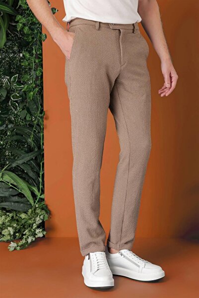 Efor Comfort Fit Beli Lastikli Pötikareli Casual Bej Pantolon P 1149