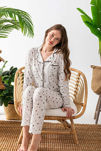 nisaNCa Set de pijamale Pinterest pentru femei cu guler cămașă cu mâneci lungi - Pijamale sezoniere pentru femei cu model bufniță