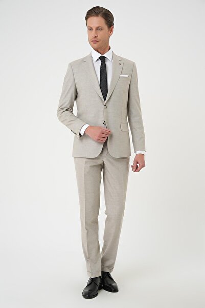 Efor Slim Fit Çift Yırtmaç Dokulu Esnek Klasik Bej Takım Elbise Tk 915