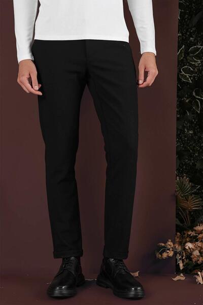 Efor Slim Fit Yan Cepli Dokulu Esnek Casual Siyah Pantolon P 1139