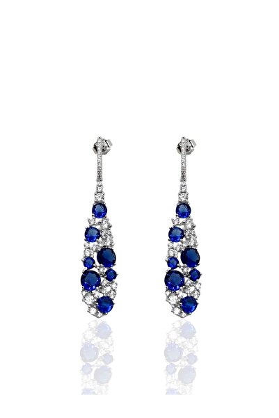 oya silver Beyaz Işıltılı Uzun Damla Form Safir Taşlı Gümüş Küpe-4.9x0.9cm