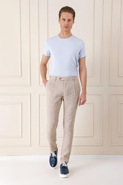 Efor Comfort Fit Beli Lastikli Pileli Keten Casual Bej Pantolon P 1145
