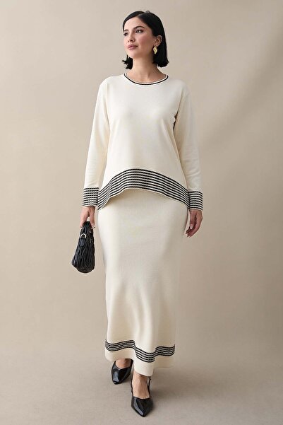 InStyle Ecru Suit with Piping Stripe Skirt