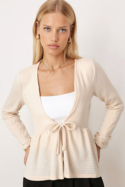 armonika Women's Cream V-Neck Soft Textured Tie-Front Knit Cardigan with Elasticated Sleeves Arm-26K001010