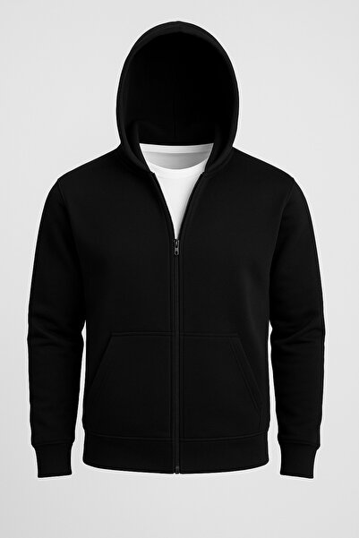 CLIPMAN Erkek Slim Fit Örgü 3 İplik Fermuarlı Polar Hırka Siyah