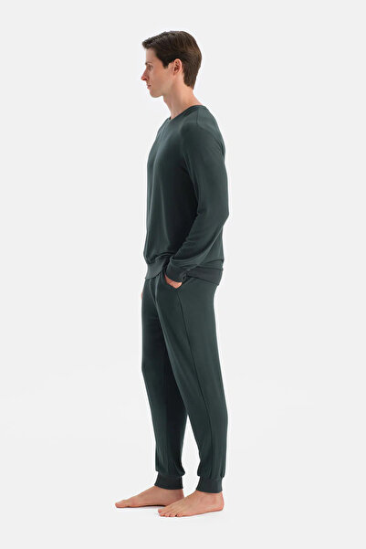 Eros Koyu Yeşil Dikiş Ve Bant Detaylı Uzun Kollu Tişört Pantolon Pijama Takımı