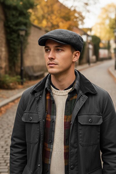 Külah Erkek Kasket Balıksırtı Flat Cap Termal Yün Şapka Antrasit